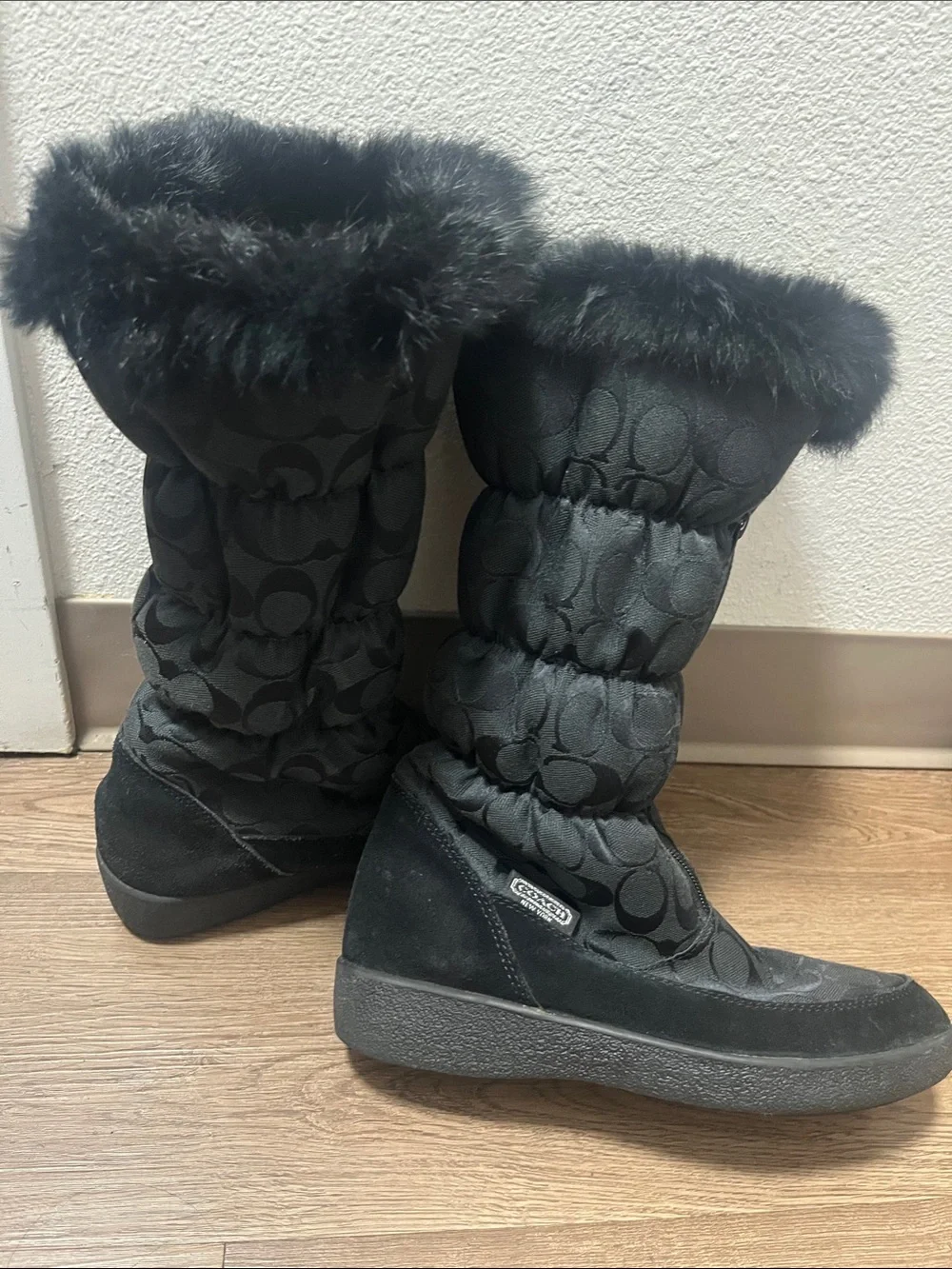 Coach Black Quilted Signature Logo Fur-Trim Winter Boots